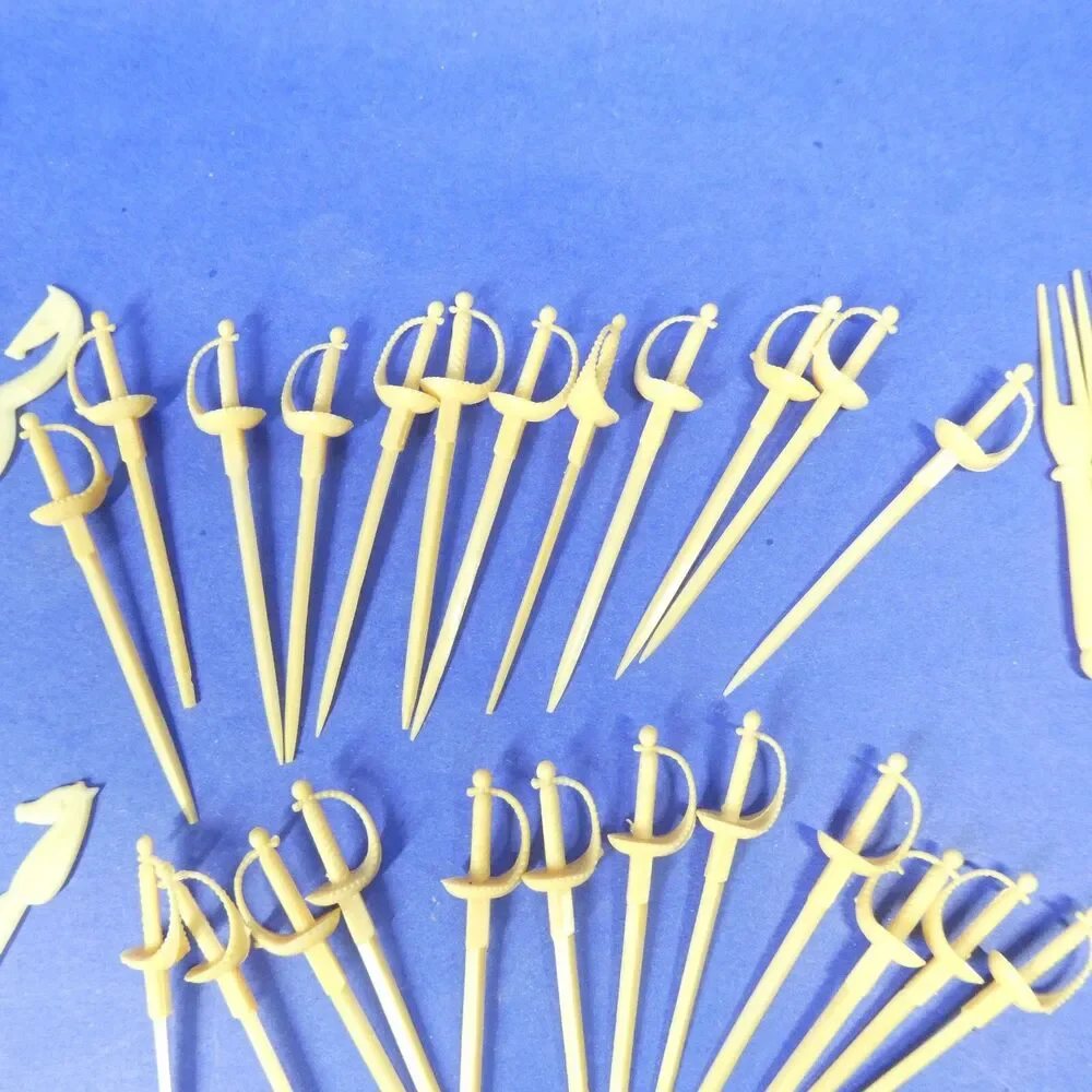 Lot 89 Cocktail Picks Ivory Plastic Forks Swords Horses Vintage Hong Kong MCM